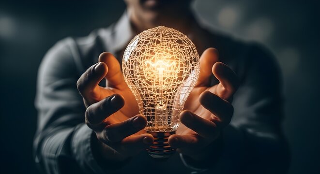Person holding a glowing light bulb representing innovation and creative ideas - Powered by Adobe