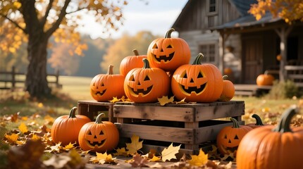 Cozy Autumn Pumpkins with Carved Halloween Faces in Rustic Farmhouse 