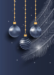 A New Year's illustration featuring three elegant dark blue Christmas tree baubles on gold pendants adorned with pine branches.
