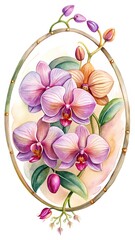 Watercolor phalaenopsis orchid flowers in oval frame