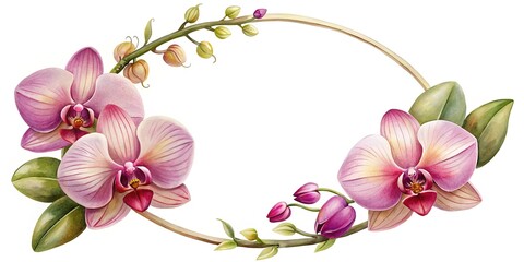 Watercolor pink orchid flowers botanical oval frame