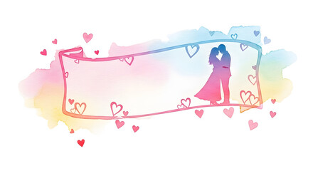 Romantic watercolor banner with embracing couple and heart illustrations