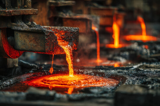 Industrial factory molten metal pouring process with glowing bright orange liquid flowing into molds during heavy manufacturing operation at foundry site - Powered by Adobe