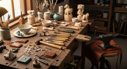 Rustic artisan workshop with carving tools, sculptures, and pottery