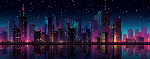 City skyline at night with reflection on water under starry sky, concept for digital art, wallpaper design and architectural rendering