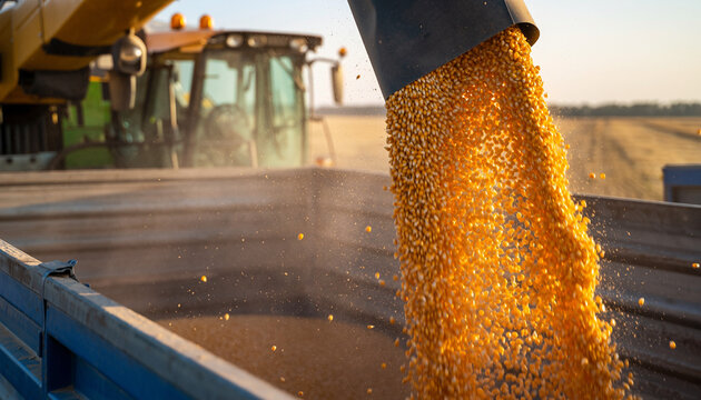 Golden stream of harvested corn kernels pouring from an auger.