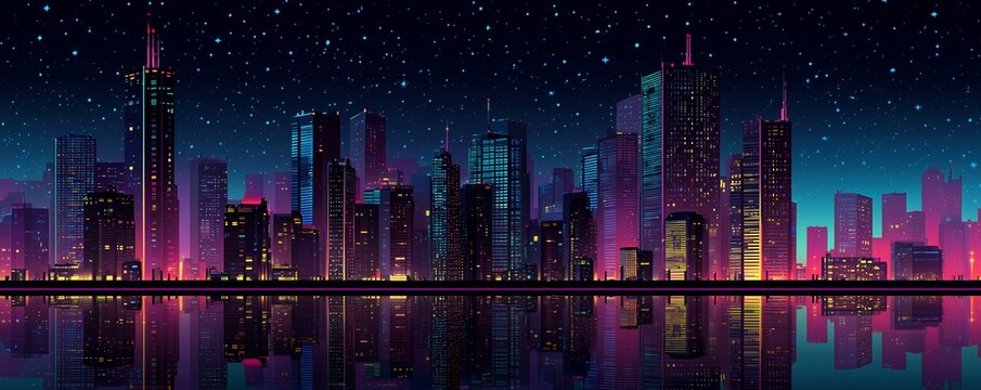 City skyline at night with reflection on water under starry sky, concept for digital art, wallpaper design and architectural rendering - Powered by Adobe