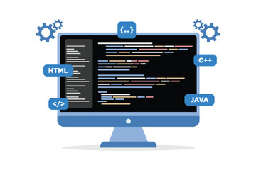 Computer programming or developing software concept. Computer with code on screen vector illustration