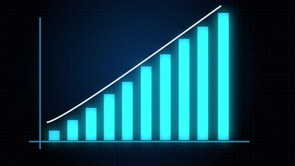 Digital representation of a dynamic bar chart with glowing blue elements and an ascending trend line on a grid background, illustrating data analysis and financial growth concepts. - Powered by Adobe