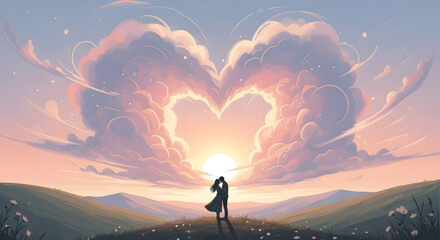 Romantic couple embracing on a hilltop under a heart-shaped sunset sky