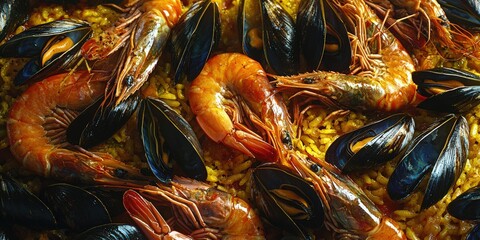 A top-down view of a seafood paella pan, brimming with shrimp, mussels, and saffron-infused rice
