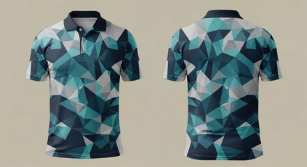 Digital sublimation polo t-shirt mockup, complex geometric low-poly triangle seamless pattern design, modern artistic camouflage style athletic team apparel template.