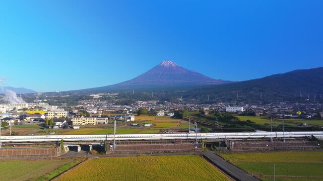 Mt Fuji and Rural Japan, Bullet Train Passes on Clear Sunny Day 4k
