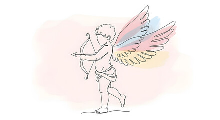 Minimalist one line art cupid with bow and arrow, pastel watercolor wings background.