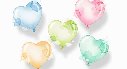 Watercolor heart-shaped balloons in pastel colors, artistic background