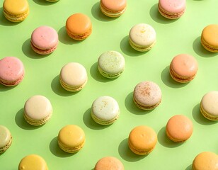 Obraz premium Colorful assortment of round, sweet pastries on a bright green backdrop
