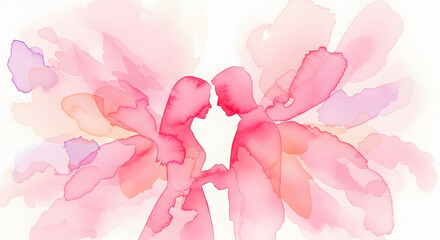 Abstract watercolor illustration of a loving couple connecting in soft pink