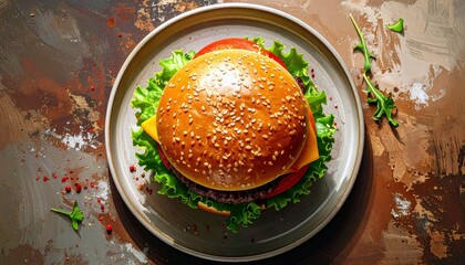 A close-up, overhead view of a delicious hamburger on a plate, featuring a sesame seed bun, fresh lettuce, ripe tomato, and melted cheese.