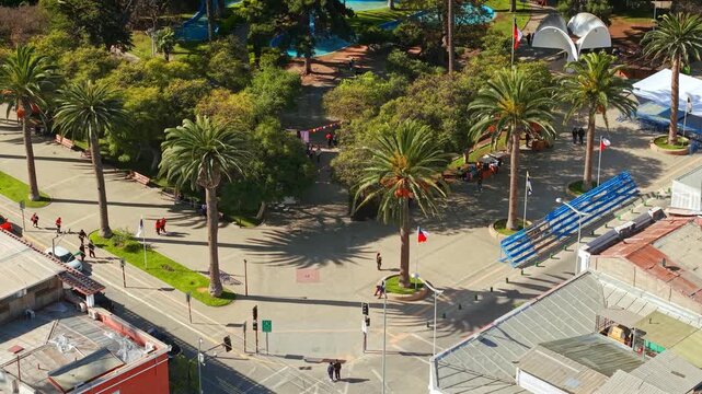 Telephoto bird's-eye view of the Plaza de Armas in Ovalle in the Limar&iacute; Valley on a sunny day, northern Chile