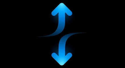 Dynamic blue arrows pointing up and down symbolize change and movement on a clean black backdrop