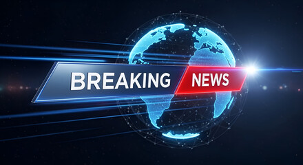 Breaking news broadcast background on glowing blue futuristic digital globe internet technology in dark background for world announcement or global information presentation