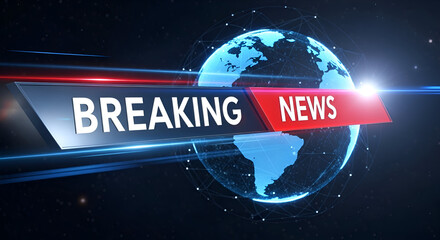 Breaking news broadcast background on glowing blue futuristic digital globe internet technology in dark background for world announcement or global information presentation