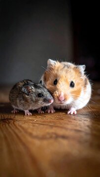 Two adorable hamsters cuddling on a wooden surface, a heartwarming scene.
