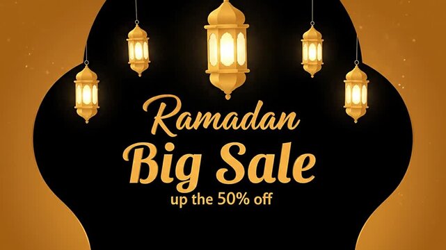 Ramadan Big Sale Animated Text with Hanging Lanterns and Gold Theme