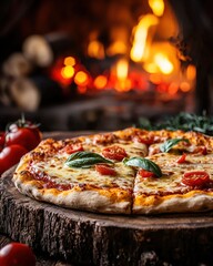 A traditional wood-fired pizza with melted mozzarella, fresh basil, and tomato sauce on a rustic wooden table