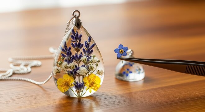 Handcrafted floral resin jewelry on wooden table with tweezers and flower pendant