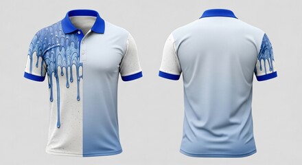 Digital sublimation polo t-shirt mockup, half white and half blue color gradient design with dripping paint effect on shoulder, stylish artistic apparel clothing template.