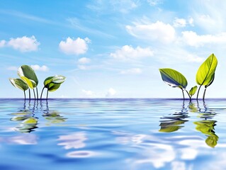 Two clusters of green leaves rise from the surface of calm blue water, reflecting in the ripples under a bright sky with scattered white clouds.