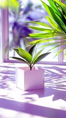 A small green houseplant in a white square pot sits on a surface, casting purple shadows from sunlight filtering through nearby foliage.