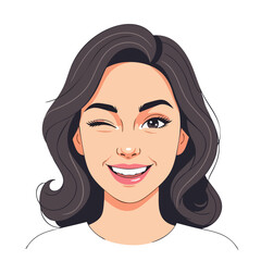 A winking woman with dark hair and a bright smile, showcasing a friendly and playful expression.