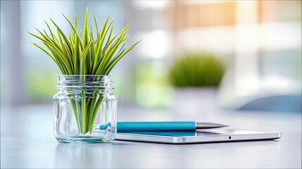 A small green plant in a glass jar sits on a desk next to a tablet and a blue pen, with a blurred background.