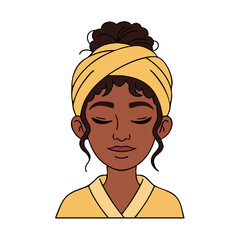 Woman with towel on head and robe, eyes closed.