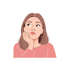 A young woman with brown hair rests her chin on her hand, looking thoughtfully to the side.