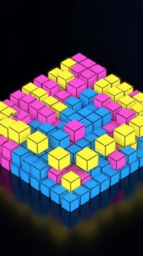 Animated isometric cube structures rapidly assembling and disassembling across a flat plane creating a complex geometric pattern loop creative, building, technology