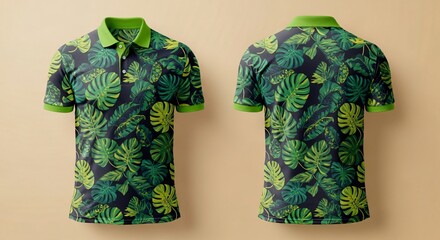 Digital sublimation polo t-shirt mockup, tropical jungle foliage seamless pattern design, green monstera and banana leaves summer vacation apparel clothing template.