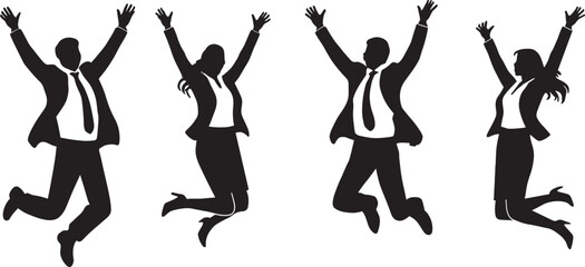 Team celebrating business success pose Four Business People Silhouettes Jumping Joyfully With Arms Raised In Celebration