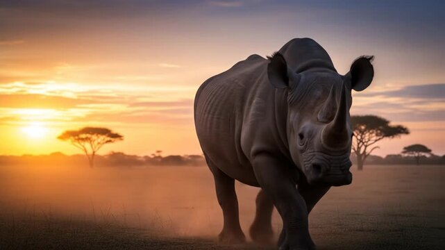A majestic rhinoceros standing in a savannah landscape during sunset with a vibrant sky and scattered trees in the background