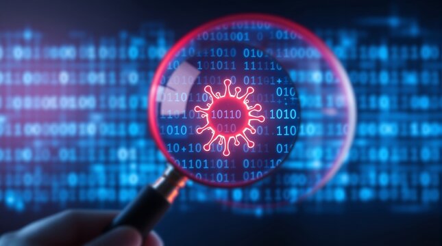 Cybersecurity threat analysis: detecting malware and viruses with magnifying glass on binary code background - Powered by Adobe