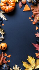 A festive flat lay arrangement featuring pumpkins, carved jack-o'-lantern, autumn leaves, and small decorative accents on a dark surface.