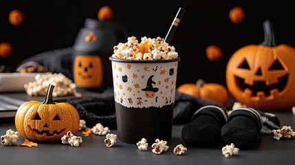 A festive Halloween scene featuring carved jack-o'-lanterns, a cup overflowing with popcorn, and scattered popcorn kernels on a dark surface.