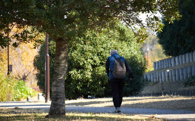 秋の朝の公園で散歩するシニア男性の姿