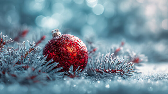 Red festive ornament nestled among frosted pine branches creating a sparkling winter scene with soft bokeh lights in a cool blue background environment
