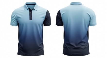 Digital sublimation polo t-shirt mockup, simple vertical blue gradient color fade design, classic style uniform or corporate casual apparel clothing template.