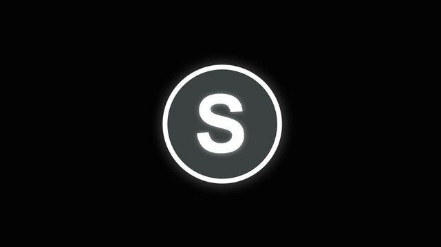 Animated White Letter S Inside a Gray Circle with White Glow on Black Background . Glowing animated white letter S inside gray circle, alphabet character, neon text design, and glowing interface.