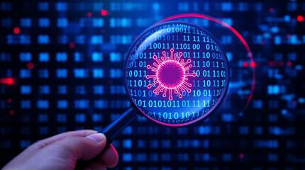 Analyzing digital virus threat with magnifying glass over binary code background for cybersecurity concept