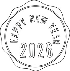 Happy new year 2026 stamp design in black and white outline